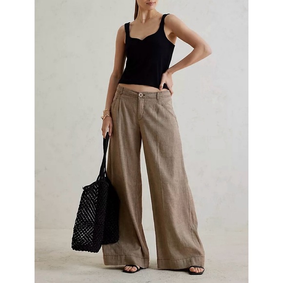 Anthropologie Linen Low Rise Wide Leg Pants brown tan - Picture 5 of 13